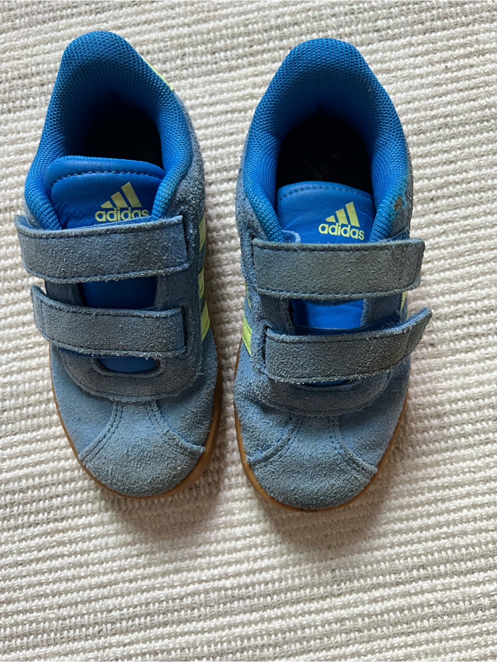 adidas Kids Blue Suede Velcro Sneakers with Neon Yellow Stripes